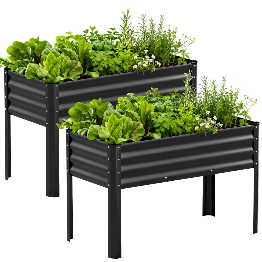 COMHOMA 2 Pack Raised Garden Bed with Legs 4x2x2.5ft,Large Elevated Galvanized Metal Planter Box with Drainage Holes,Outdoor Growing Kit with Gloves Tools for Backyard Patio Lawn,Black