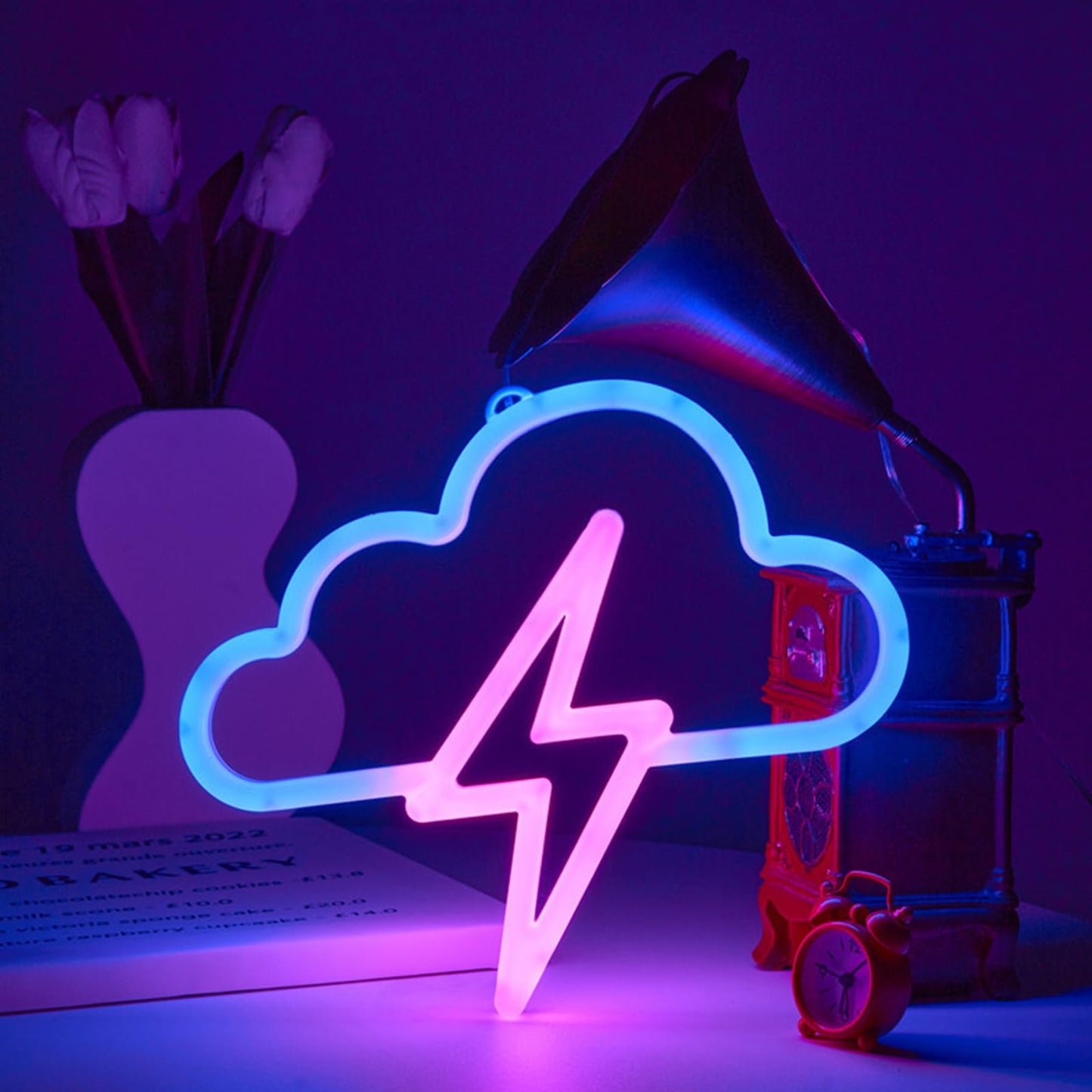 RLQXSYS LED Lightning Cloud Neon Light, Dual Power USB/Battery Wall or Desktop Decor for Home, Office, Bar, Party, Wedding & Christmas