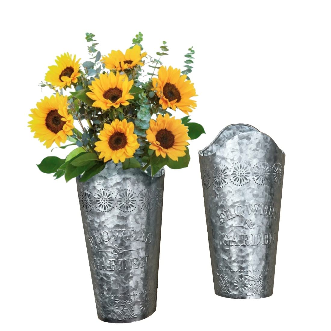 Lily's Home Set of 2 Rustic Farmhouse Galvanized Metal Wall Planters, with Floral Accents for Indoor or Outdoor Artificial Greenery. Rustic Hanging Flower Holders Wall Decor