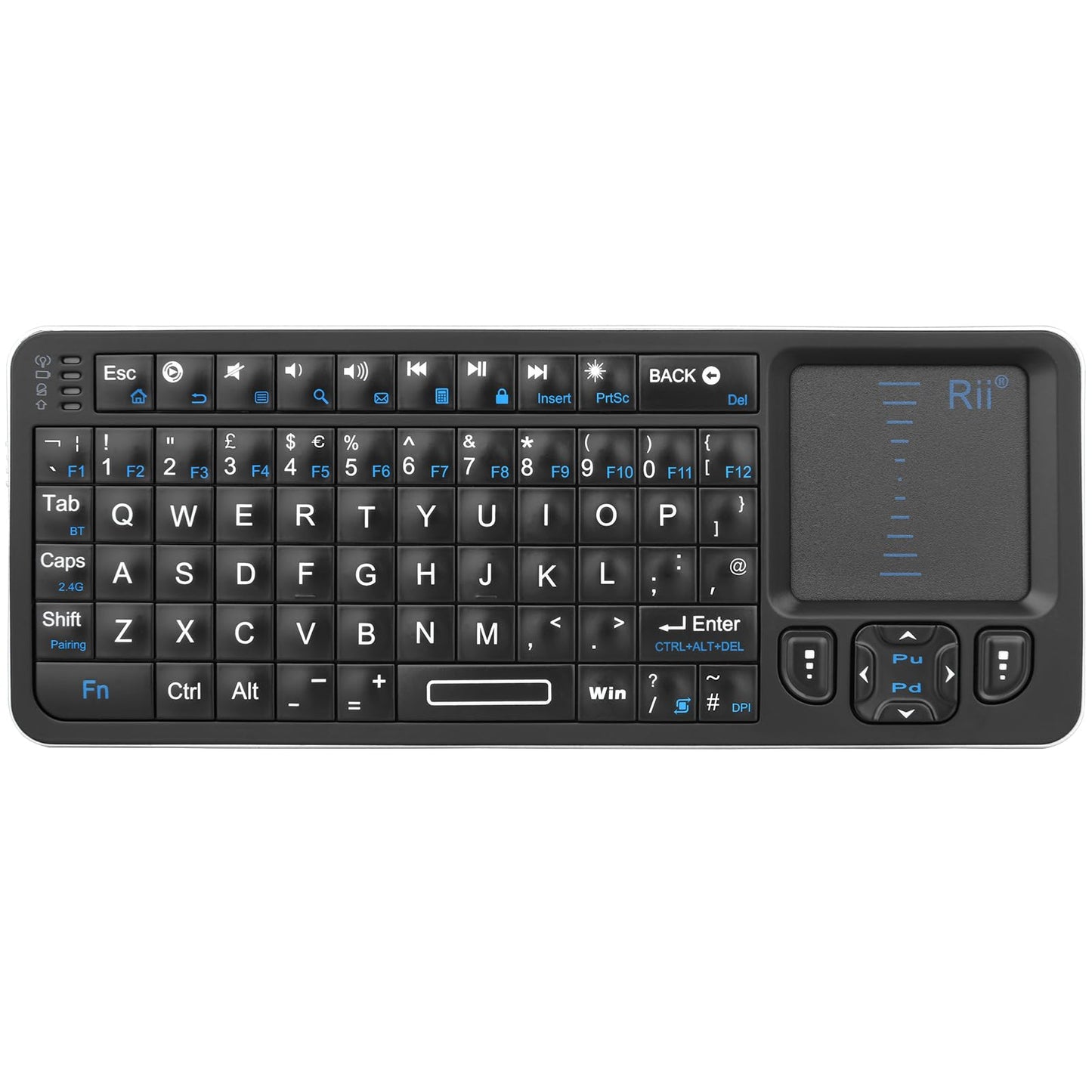 Rii Mini Wireless Keyboard with Trackpad, IR Remote, Small Keyboard for Home Entertainment, Smart TV, Mac, Laptop, Windows, Tablet, Projector (2.4G+Bluetooth, Rechargeable, Backlit)