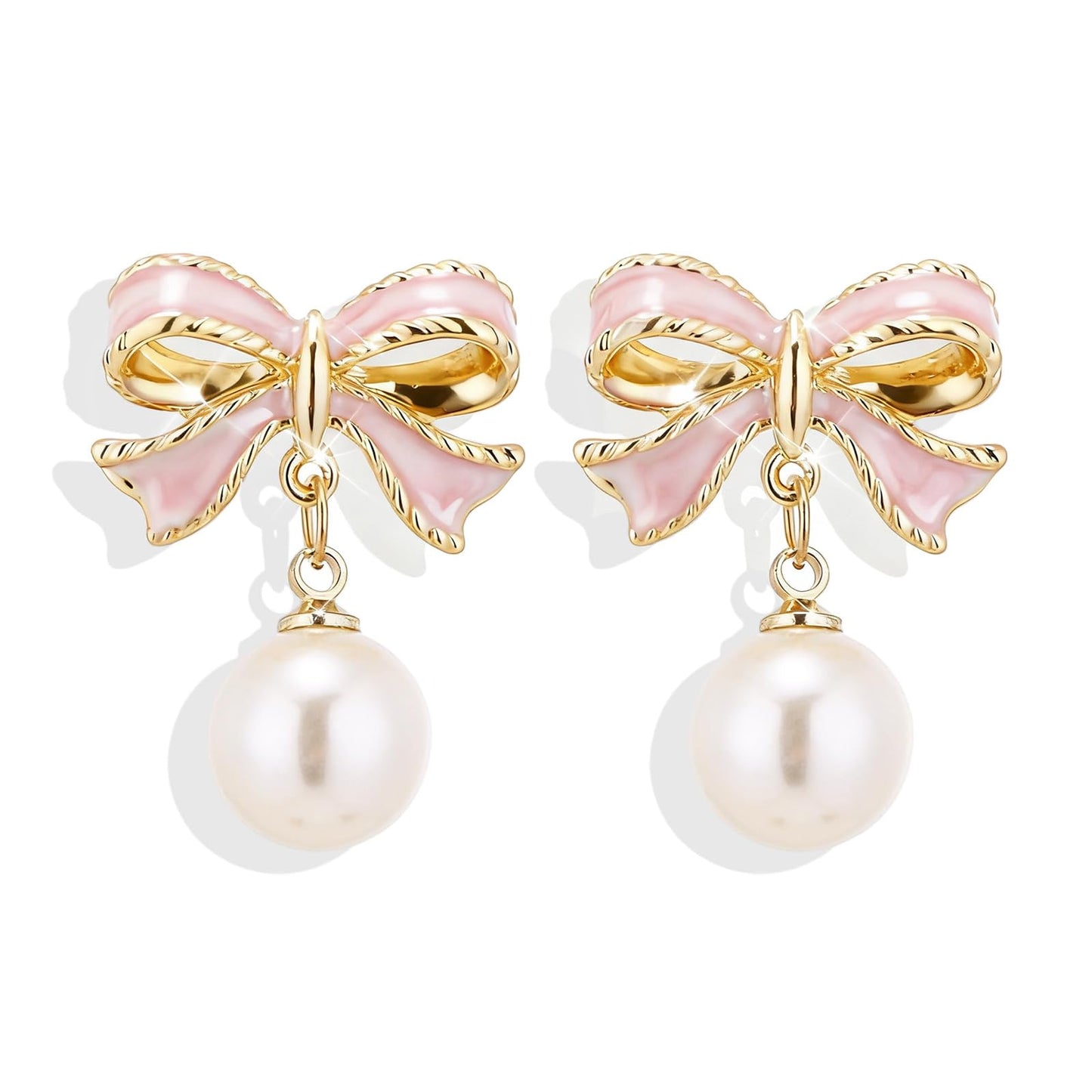 Pink Bow Earrings for Women Trendy Stuff Cute Bow Pearl Drop Dangle Earrings Bowknot Stud Wedding Party Daily Jewelry Accessory Gifts Christmas Stocking Stuffers