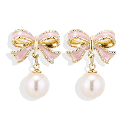 Pink Bow Earrings for Women Trendy Stuff Cute Bow Pearl Drop Dangle Earrings Bowknot Stud Wedding Party Daily Jewelry Accessory Gifts Christmas Stocking Stuffers