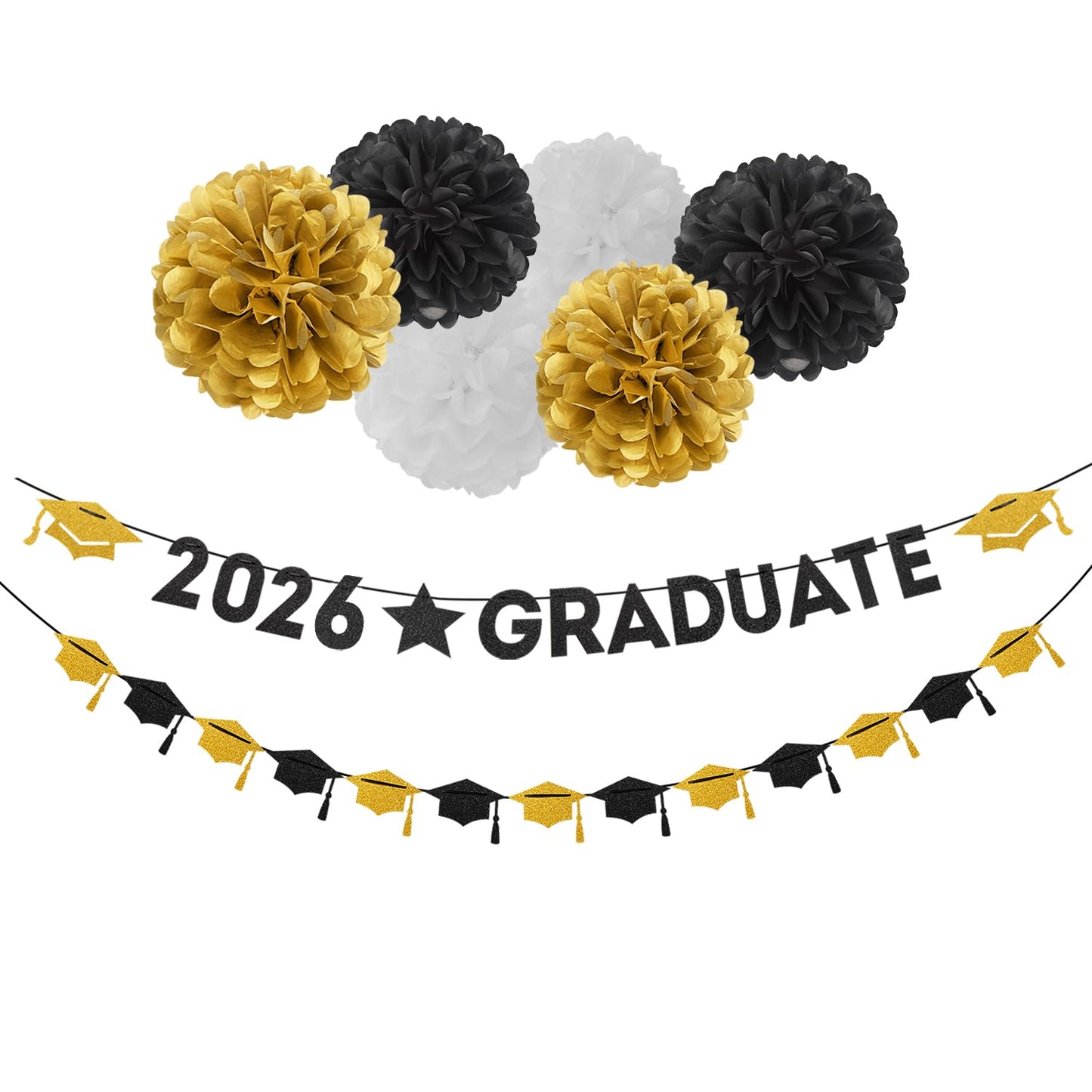 Black White-Gold Party-Decoration Graduation Banner - 8pcs Kits Cap Garland Streamers, Paper Tissue Pom Poms Flowers, 2026 Graduate Banner Congratulations Grad Decor Lasting Surprise