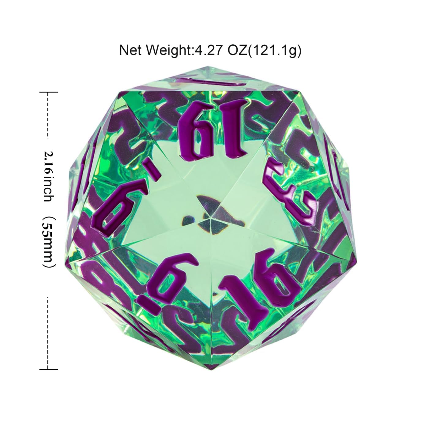 Poludie 55mm 20 Sided DND Dice, Giant D20 D&D Polyhedral Dice Large D20 with Die Gift Box for Dungeons and Dragons, RPG Table Games (Transparent Green/Purple Numbers)