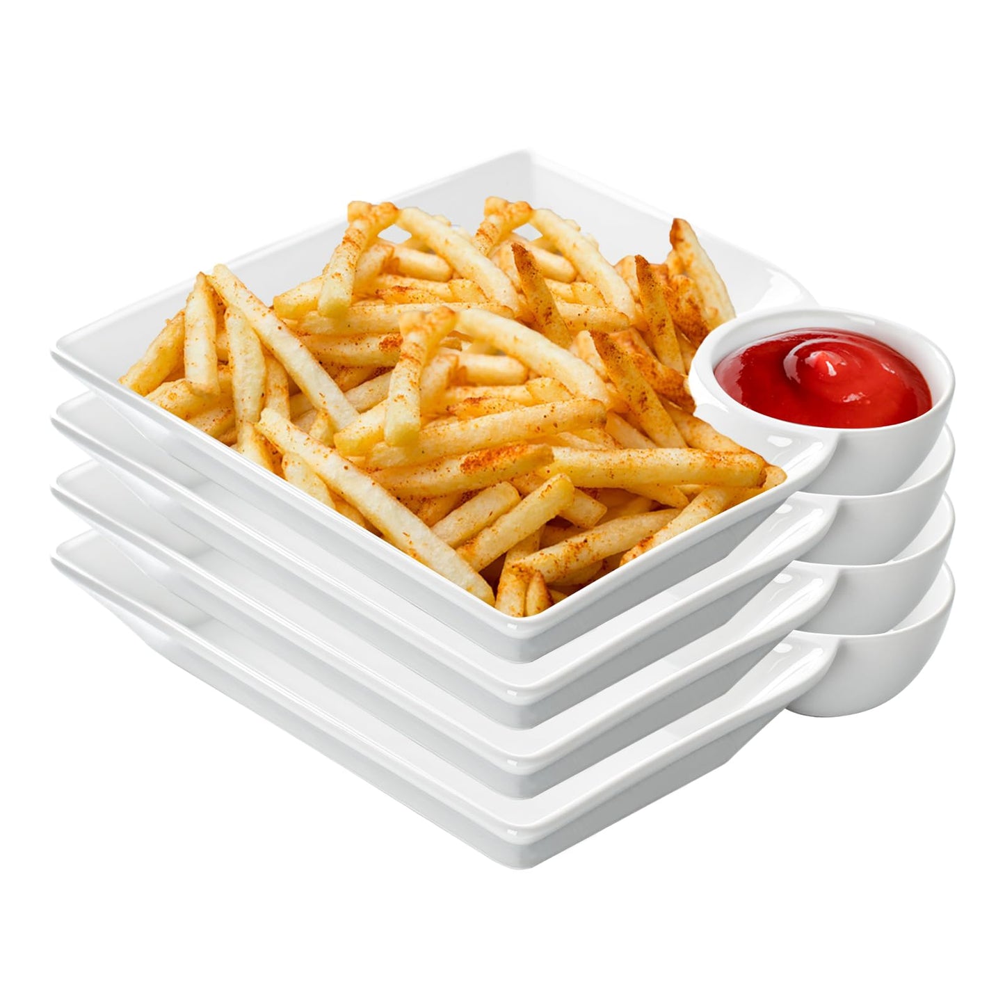 KOBIKOBI Chip and Dip Serving Platter Set of 4-8 Inch Ceramic Divided Plates with Sauce Compartment, Food-Safe Snack Plate for Dumpling, Sushi, Appetizer, Taco - White