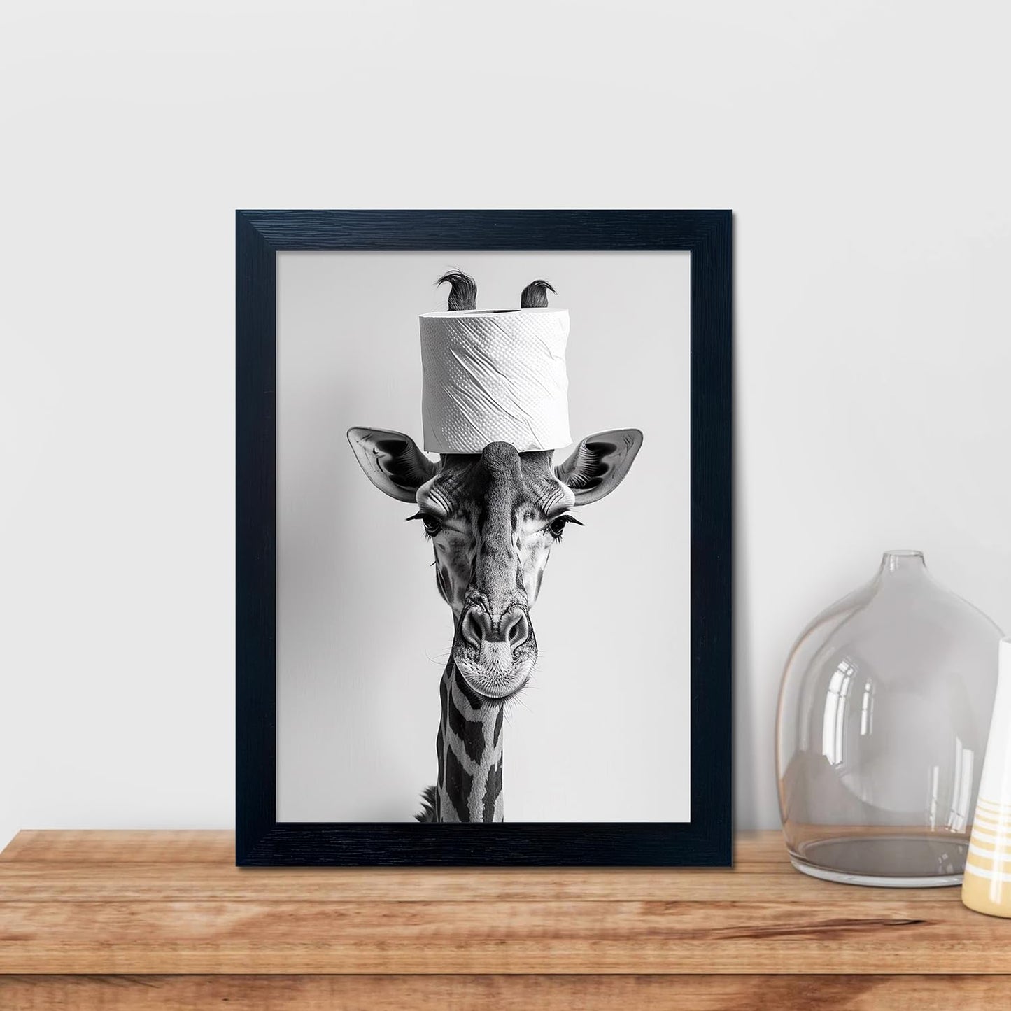 Bathroom Picture Wall Decor, Framed Black and White Bathroom Wall Art, Toilet Paper in Little Funny Raccoon's Hand Animal Canvas Print Painting