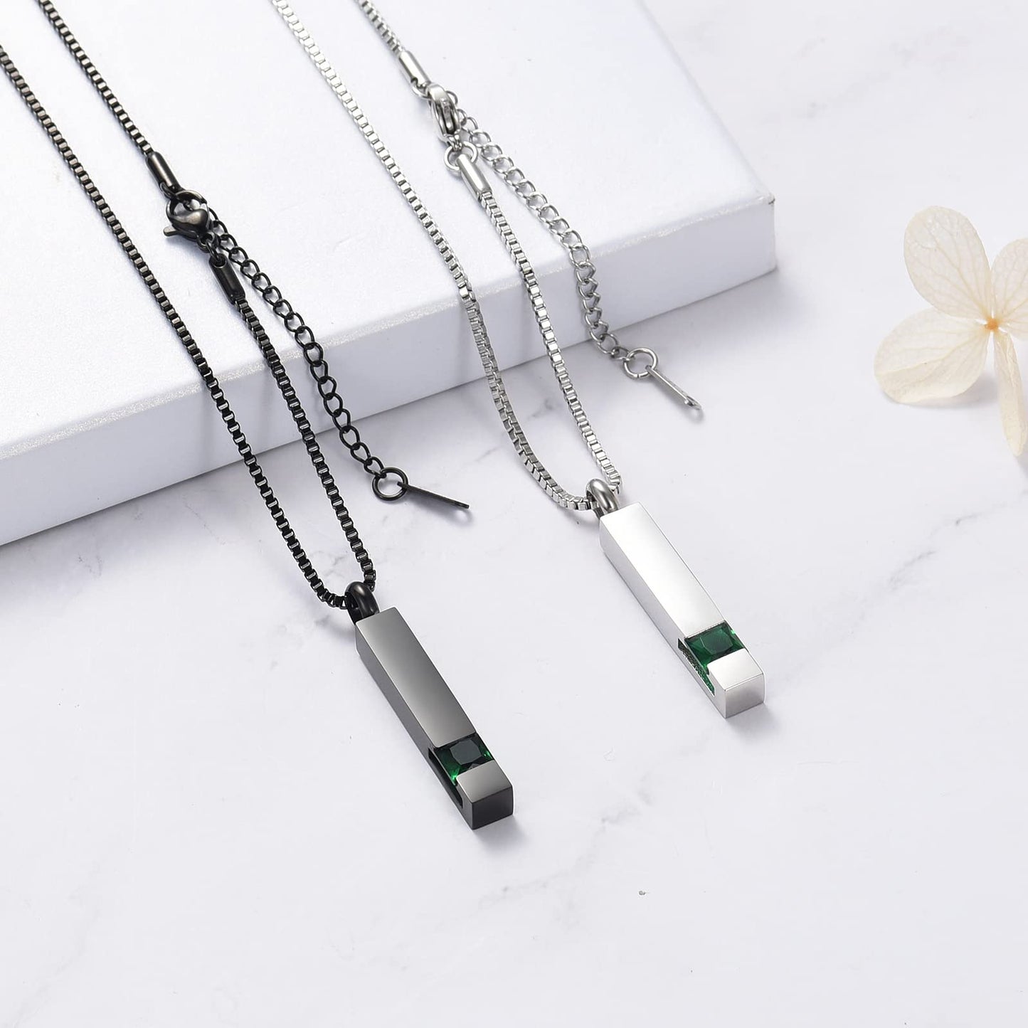 XSMZB Crystal Bar Cremation Urn Jewelry for Ashes Birthstone Cube Memorial Urn Necklace for Women Men Funeral Ashes Keepsake Pendant(2pcs-Green)