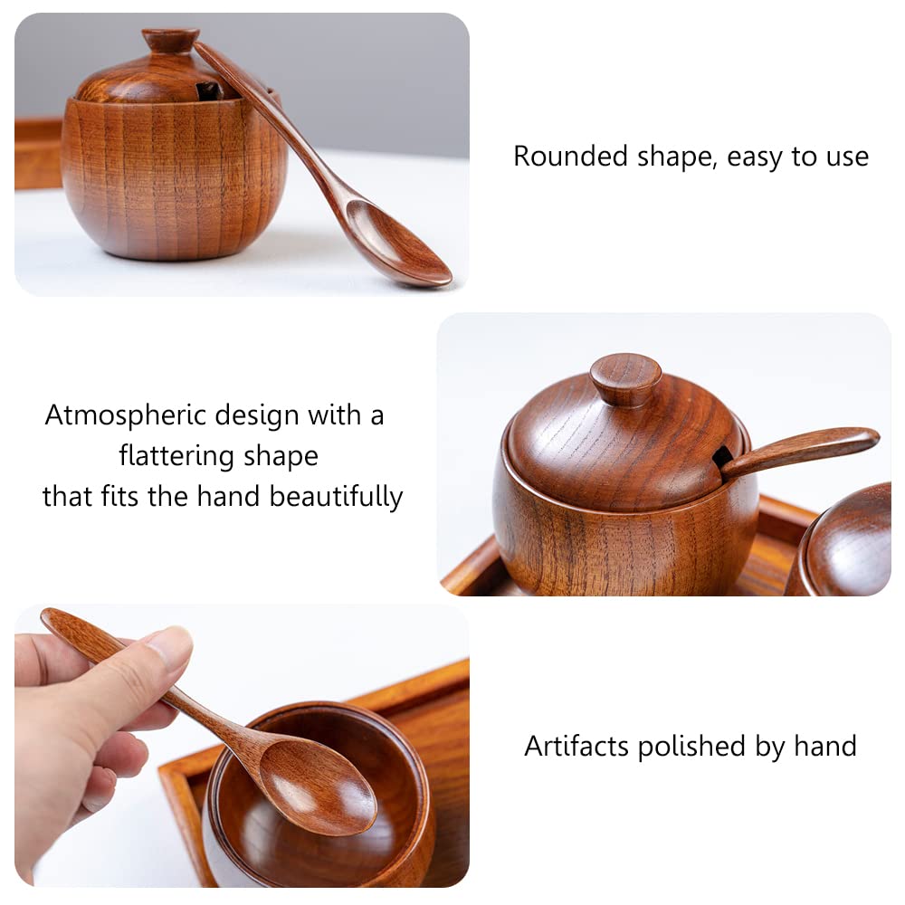 YMYL 2 Pcs Wood Condiment Pot Spice Jars, Natural Wooden Sugar Bowl Pepper Seasoning Container Condiment Pot with Lid, Spoon and Tray for Herbs Salt Pepper Spices