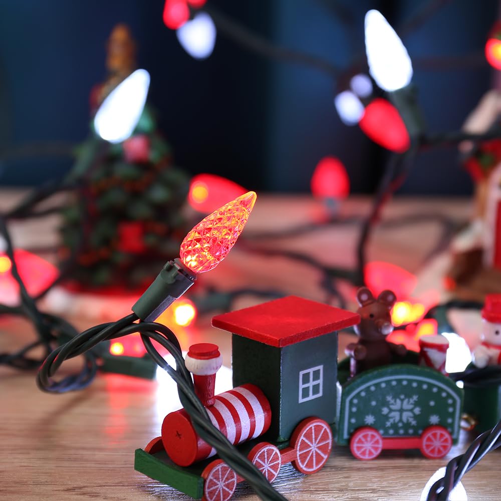 Brizled Red & White C5 Christmas Lights, 33ft 100 LED Christmas Tree Lights, Connectable 120V UL Certified Faceted Xmas Light Outdoor Indoor Xmas Lighting for Christmas Tree Party Roof Decoration