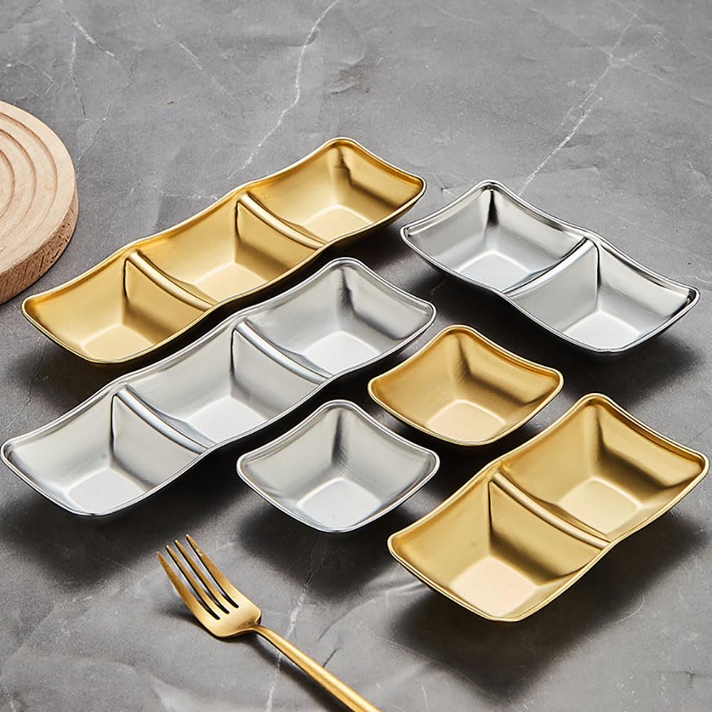 maiwalk Stainless Steel Side Dishes 4pcs Sauce Dish Bowls Condiments Cup Serving Bowl Set Sushi Dipping Saucers Soy Dipping Bowls for Home Kitchen Restaurant BBQ (Gold, 2 Compartment)