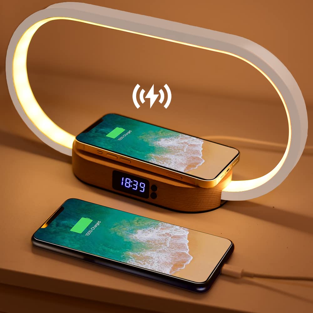 Donewin Bedside Lamp with Wireless Charger,Wooden Table Lamp with Charging Station,Touch Nightstand Lamp with Clock,3 Color Stepless Dimming Touch Lamp for Bedroom,Unique Gifts for Women