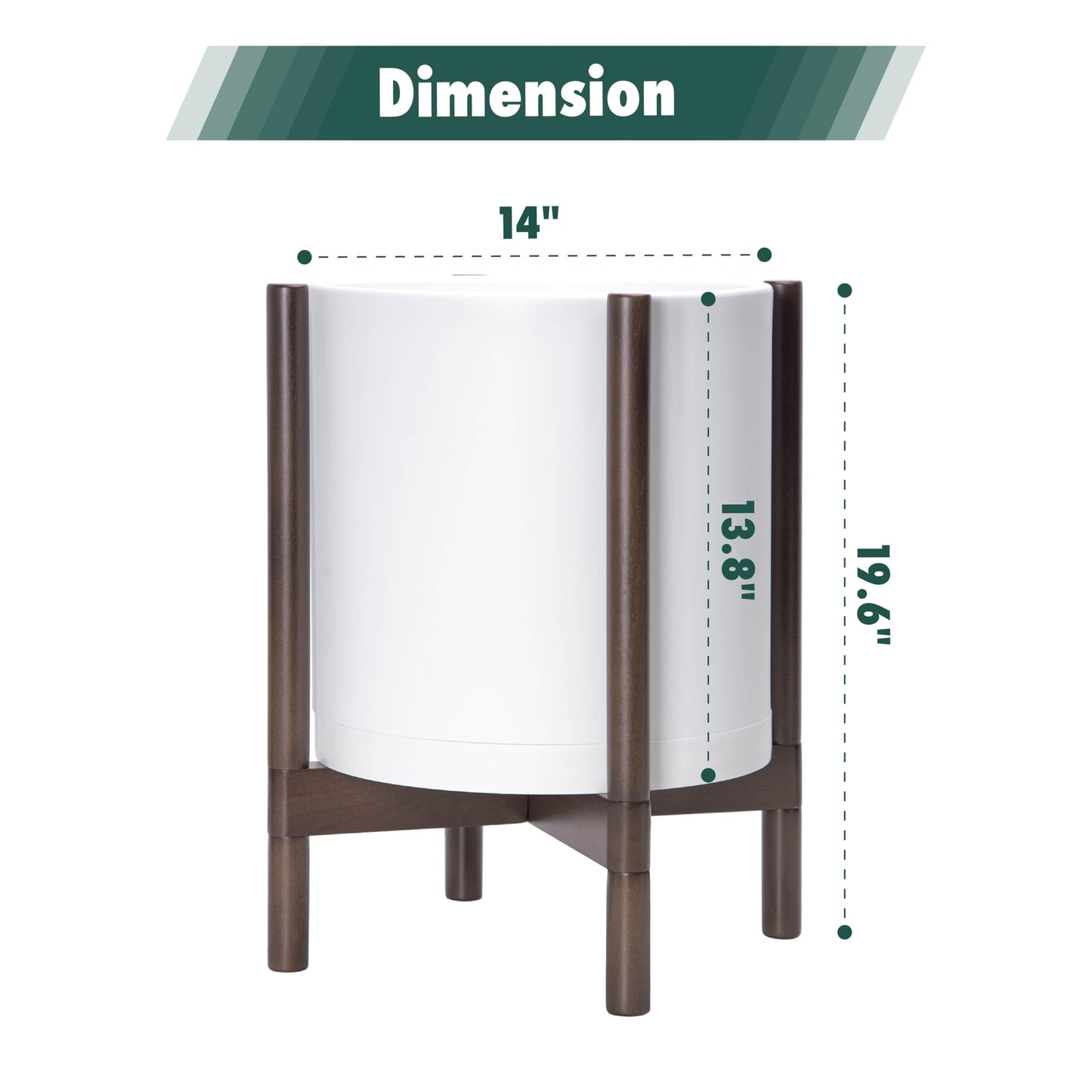 D'vine Dev Planter Pot with Stand - 14 Inch Plastic Cylinder Flower Pot with Wood Planter Holder for Indoor, Matte White Pot + Walnut Color Stand, 55-C-R-1