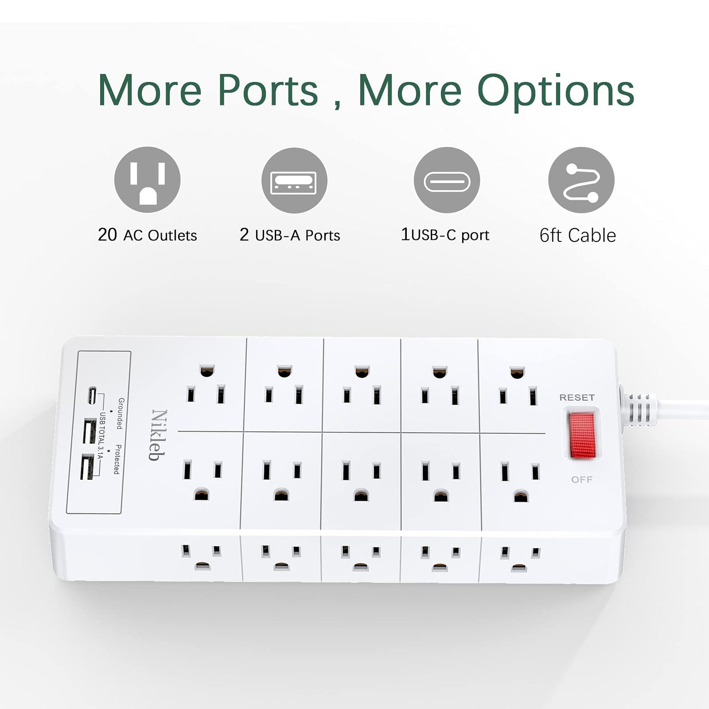 Power Strip 23 in 1, 20 Outlets Surge Protector Wall Mount with 2 USB+1 USB C Ports, Multi Plug Extension Cord 6ft Heavy Duty, Accessories for Gaming, Studio, Home, Office, Desk Organizers