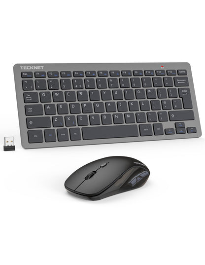 TECKNET Mini Wireless Keyboard and Mouse Set, 2.4G Cordless USB Keyboard and Silent Mouse Comb with Nano USB Receiver, 12 Multimedia Shortcuts for Computer, PC, Laptop, Desktop (Grey)