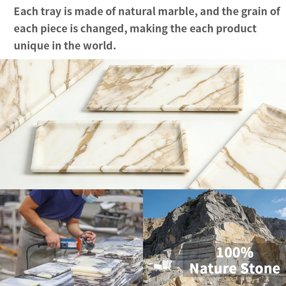 DUANYAN Natural Marble Tray for Kitchen Counter Living Room, Stone Plate for Fruit Jewelry Perfume Cosmetics Key, Decorative Tray for Table Decor (Calacatta-Glod/Rectangular 11.8"x5.9"x0.7")