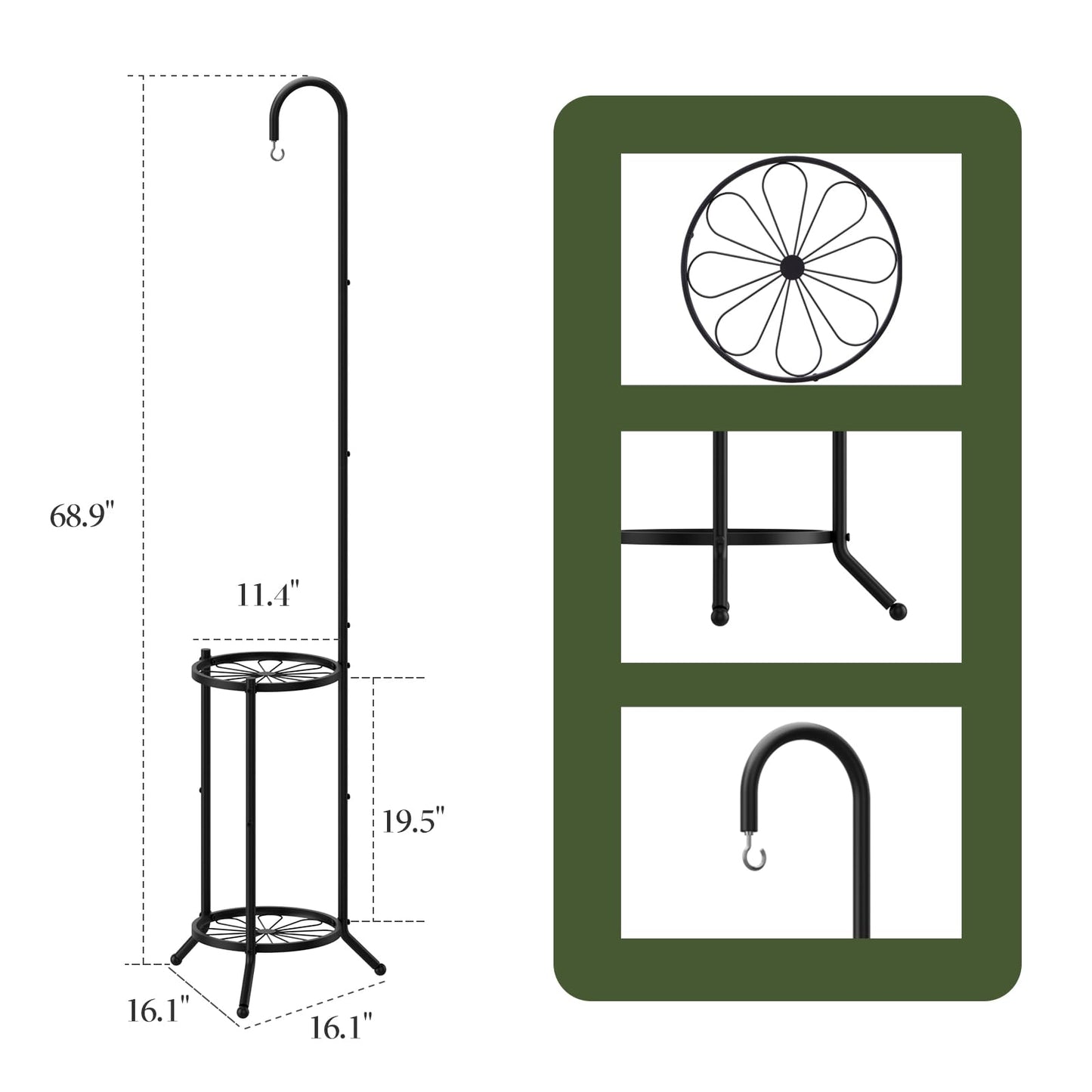 PULIJIAJU 2-tier Hanging Plant Stand Indoor and Outdoor, Space-Saving Iron Plant Shelf, 3 Potted Flower Pot Stand ,Planter Holder for Bedroom Balcony Living Room Patio Garden(Hook Style)