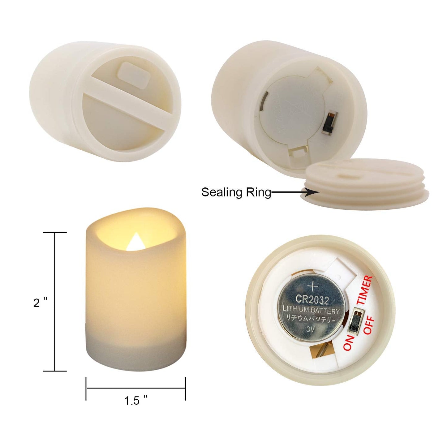 DRomance Outdoor Waterproof Flameless Votive Candles with Timer, Battery Operated LED Tealight Flickering Candles Warm Light Set of 12 Wedding Party Decor Plastic Candle(1.5 x 2 Inches)