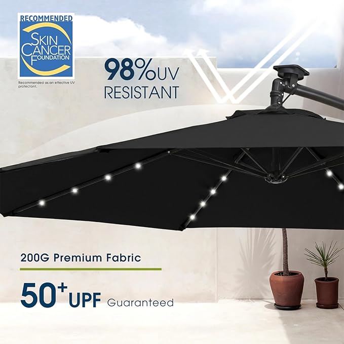 wikiwiki 10ft Solar LED Patio Umbrella with Base Included, Offset Umbrella with Weighted Sandbag Base, Cantilever Patio Umbrellas for Backyard, Garden & Deck, 32 LED Lights & Polyester Shade, Black