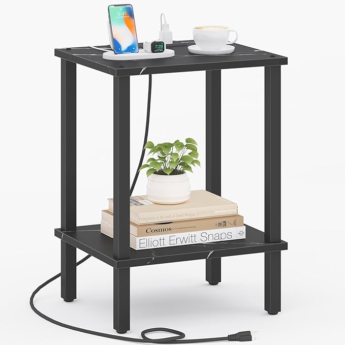 TUTOTAK End Table with Charging Station, Small Side Table, Nightstand Bedside
