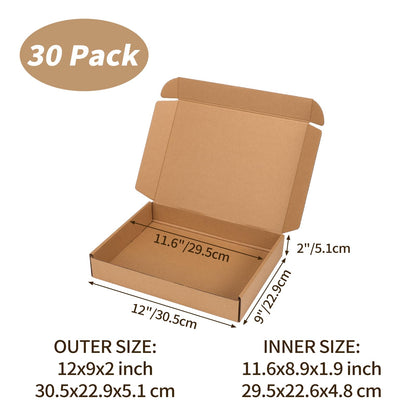 Serwrsw 12x9x2 inch Shipping Boxes Set of 30 Brown, Inner Size 11.6x8.6x1.6 inch Cardboard Mailing Boxes for Small Business Packaging or Gift Wrapping