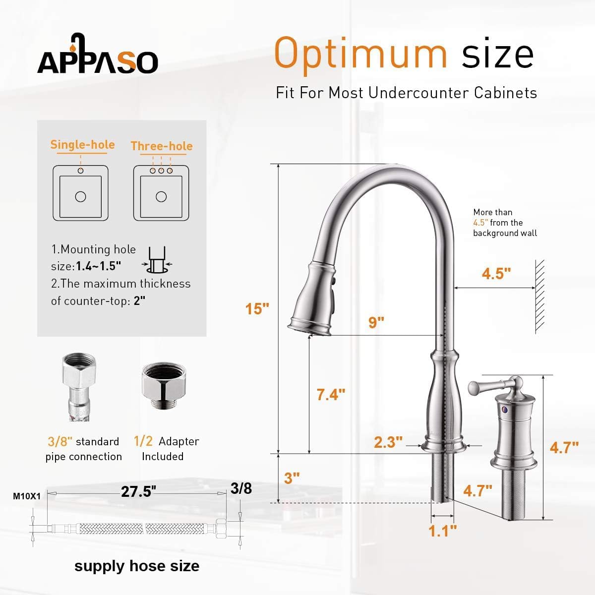 APPASO 3 Hole Kitchen Faucet with Pull Down Sprayer, Kitchen Faucets with Soap Dispenser, 3 Pieces Kitchen Sink Faucet with Separate Handle, Matte Black Kitchen Faucet 3 Hole, 218MB
