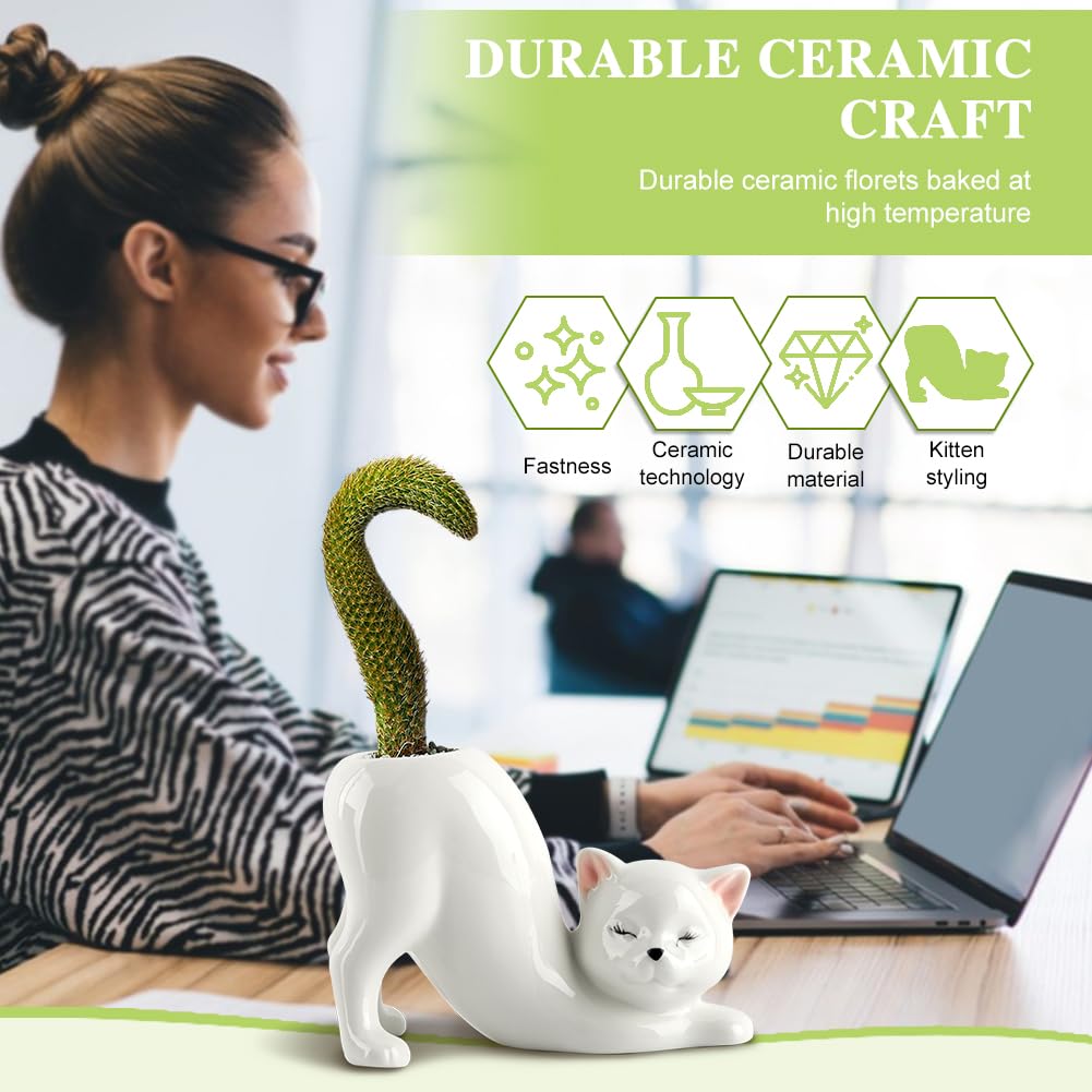 HKZTUY Ceramic Cat Planter Pot for Succulents and Cactus, Small Indoor Kitty Flower Pot with Drainage Hole, 5.71 x 2.95 x 3.86 in, Cute Desk Shelf Home Office Decor, White