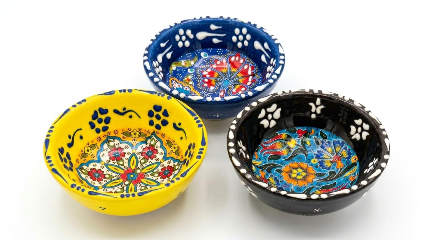 Ayennur Turkish Ceramic Pinch Bowls Set of 3 – Small Dipping Bowls for Charcuterie Boards, Appetizers, Snacks & Sauces -Handcrafted Turkish Bowl for Serving, Decor & Gifts (3.2”)