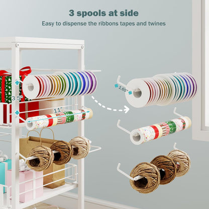 LUCKUP Rolling Wrapping Paper Organizer Cart – Gift Wrap Storage with Wheels, 20 Roll Holders, 3 Drawers & Ribbon Dispenser, Craft Organizer for Christmas, Birthdays, White