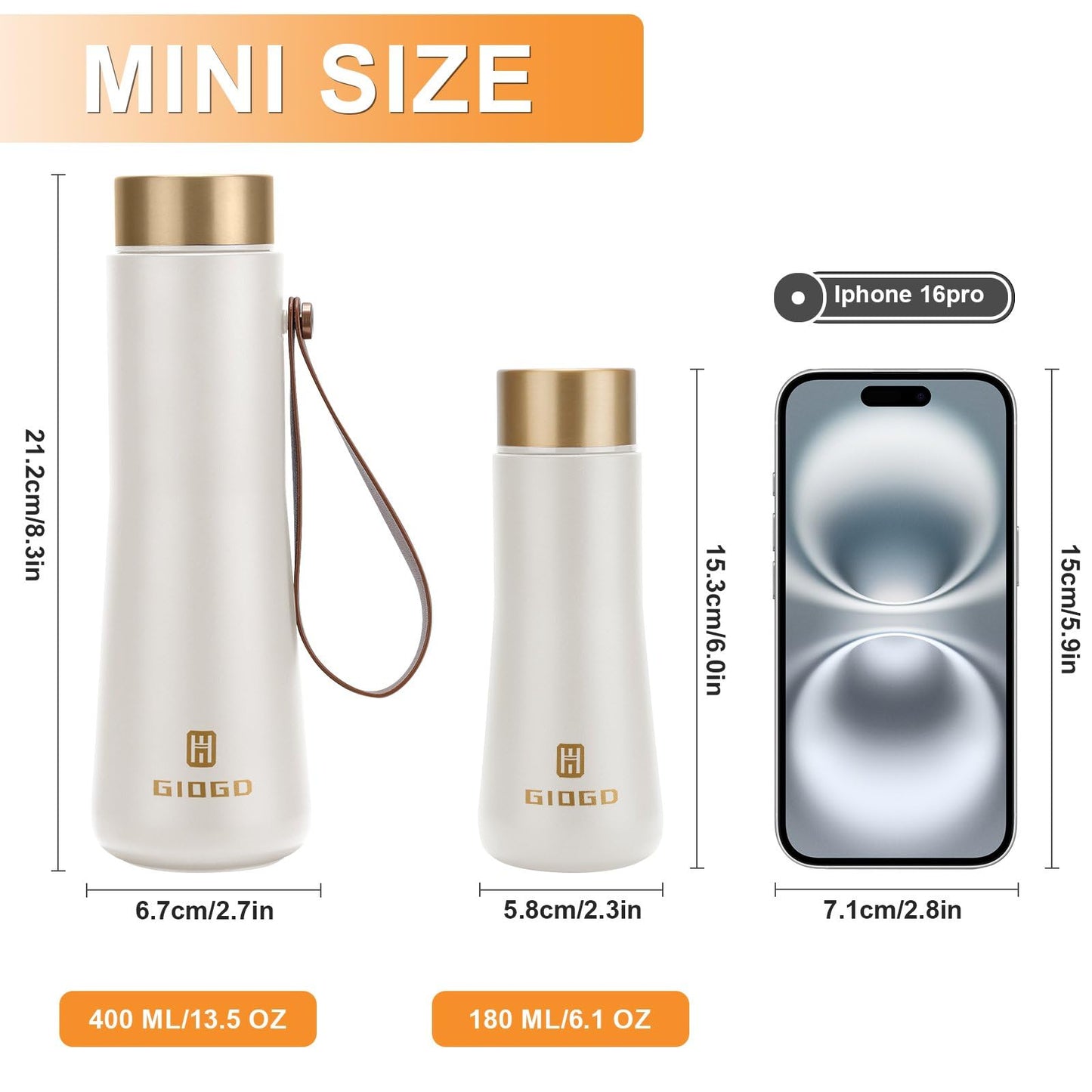 Stainless Steel Thermo Slim Water Bottles Insulated Vacuum 400ml/13.5oz Water Flask Thermal Water Bottles Thermo for Hot and Cold Drinks Coffee Water Perfect for Purse or Kids Lunch Bag(White)