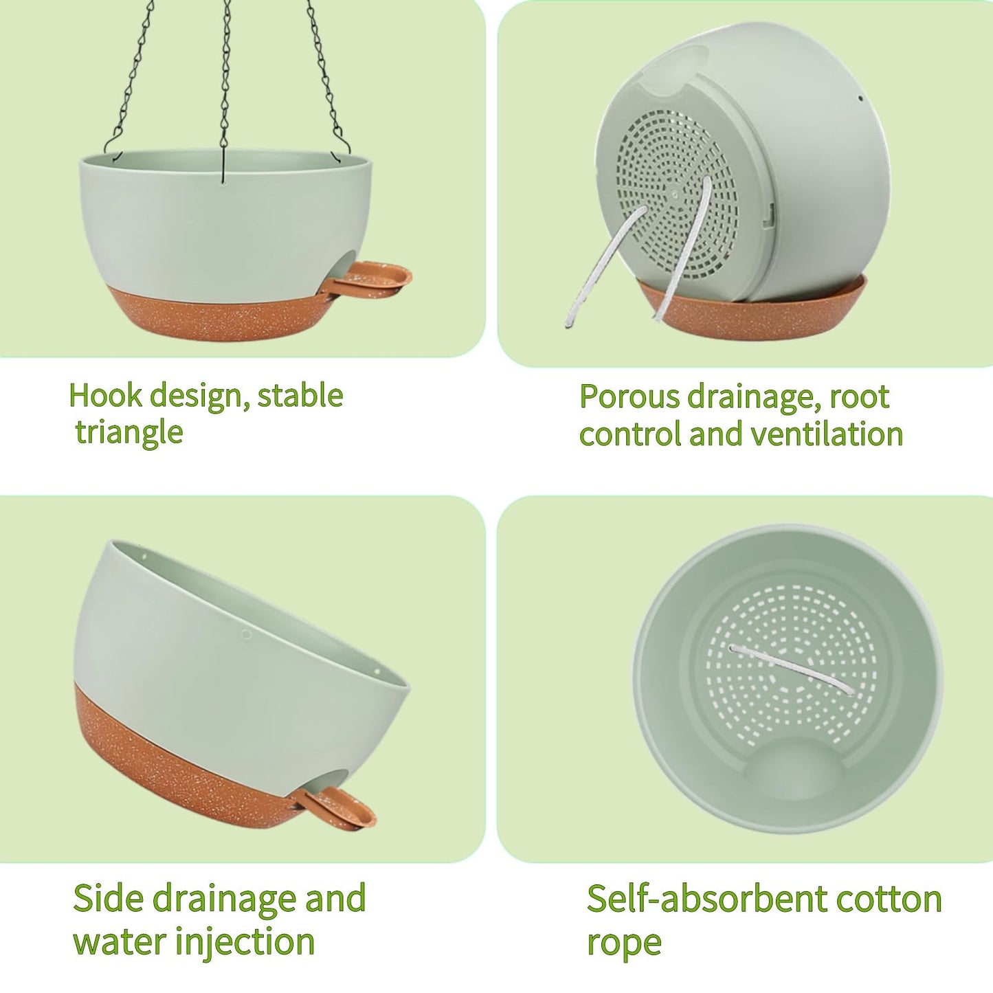 CNLBO 12 Inch Self Watering Hanging Planters 2 Pack, Indoor Outdoor Hanging Pots for Plants with Drainage Holes & Saucers, Green Brown Plastic Hanging Baskets for Kitchen Balcony Garden