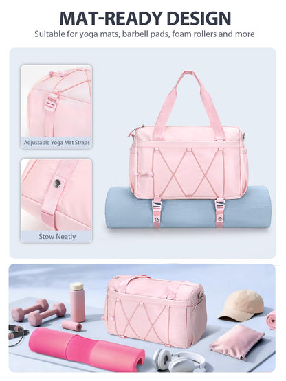 Small Gym Bag for Women with Yoga Mat Holder and Wet Compartment, Mini Gym Duffle Bag Yoga Bag with Water Bottle Pocket for Workout Travel, Pink
