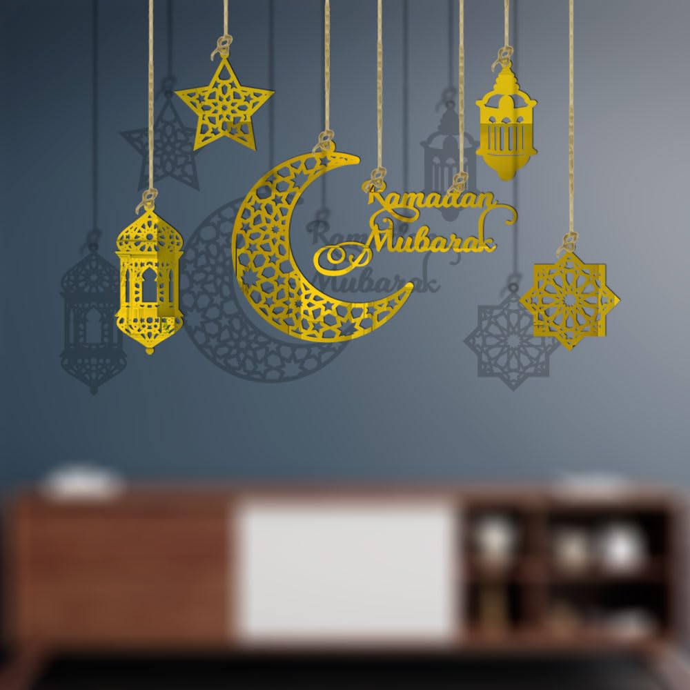 KYMY 6pcs Ramadan Mubarak Acrylic Hanging Ornaments, Eid Mubarak Moon Star Castle Hanging Decorations, Ramadan Kareem Hanging Ornaments for Eid Ramadan Islamic Muslim Festival Party Decorations