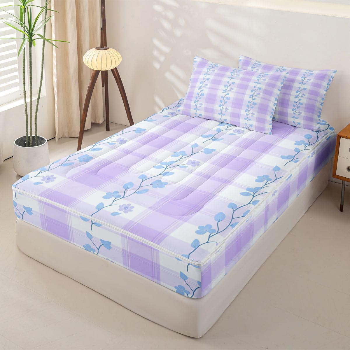 Feelyou Purple Flower Zipper Bedding Sets for Kids Boys Girls Botanical Floral Printed Queen Comforter Set with Fitted Sheet Natural Theme Bedroom Decor Microfiber with 2 Pillow Cases
