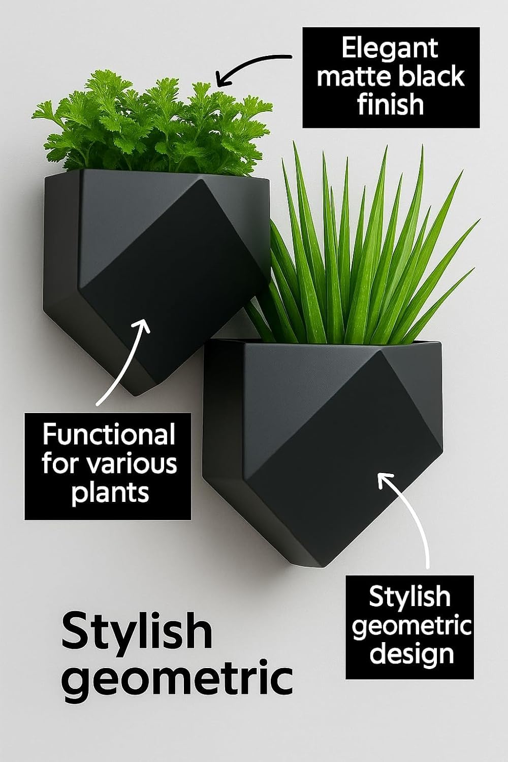 Trius Wholesale Collective Vertical Garden Wall Planters – 2-Pack Modern Matte Black Geometric Pots for Indoor Plants, Wall Vase, Indoor and Outdoor Use 6"