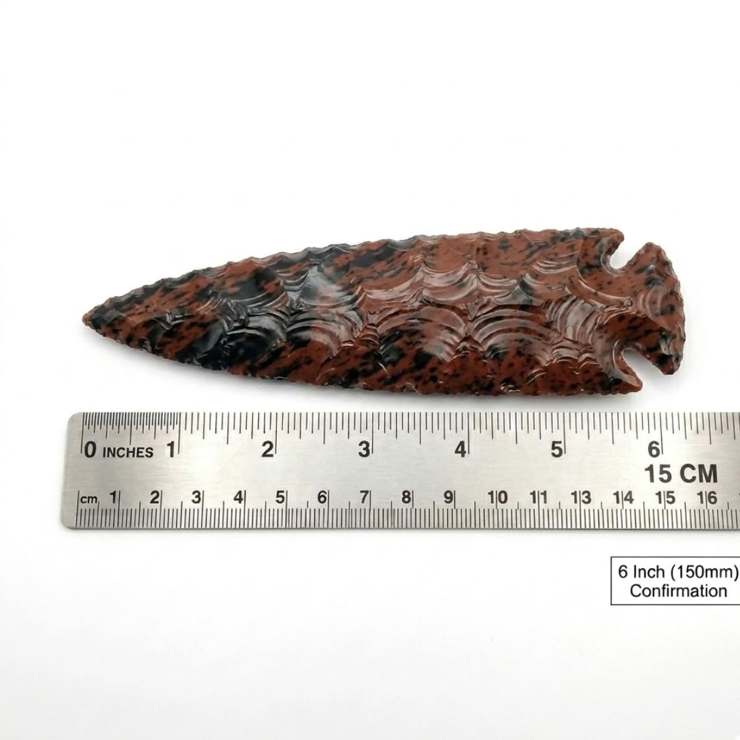 6 Inch Mahogany Obsidian Arrowhead - Large Hand Carved Volcanic Glass Stone - Grounding & Protection Crystal for Altar Decor, Meditation, and Healing - Genuine Gemstone Artifact Point