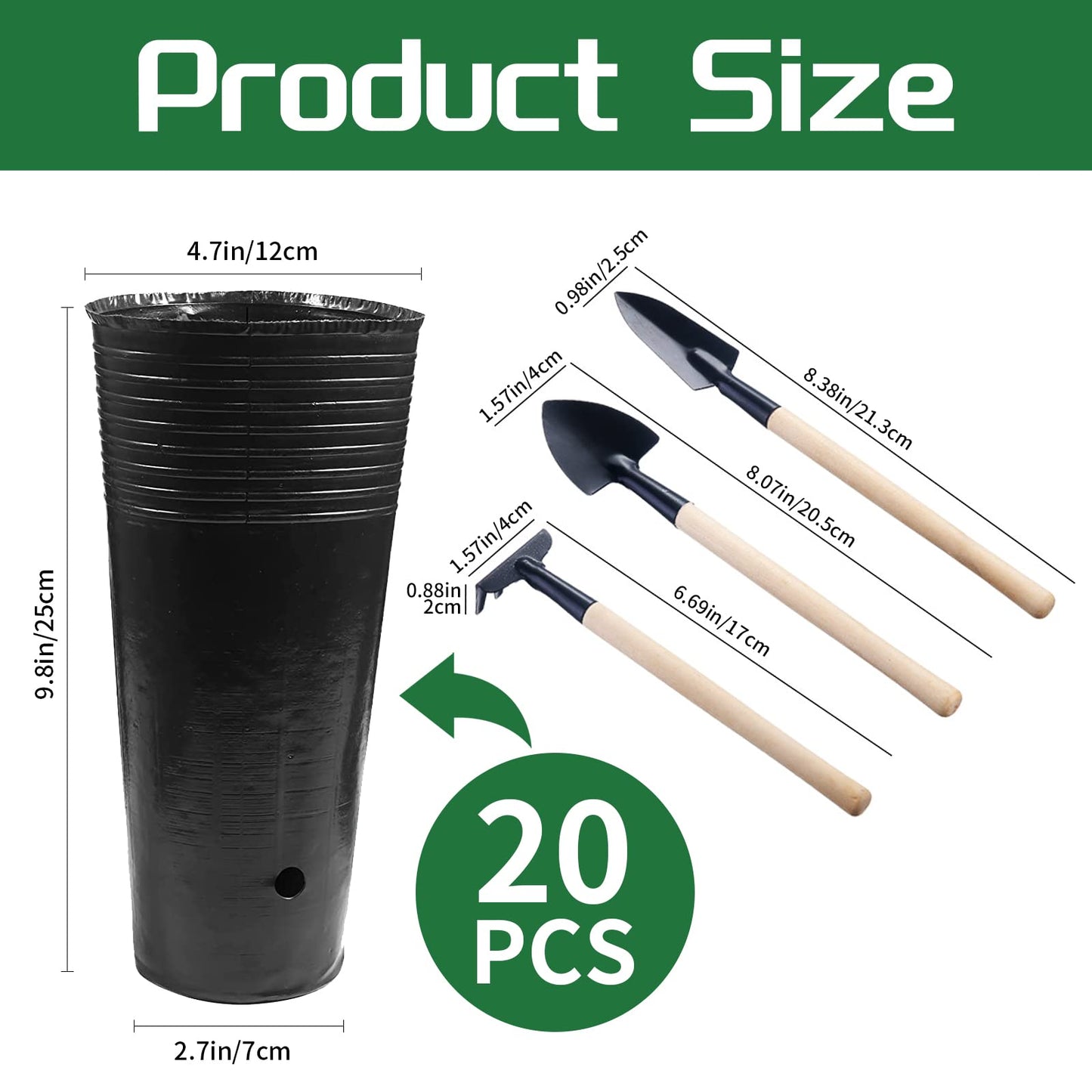 Hzloyat 20 Pcs Plastic Deep Nursery Pots - 9.8" Tall Tree Pots, Indoor/Outdoor Use with 3 Pcs Garden Tools