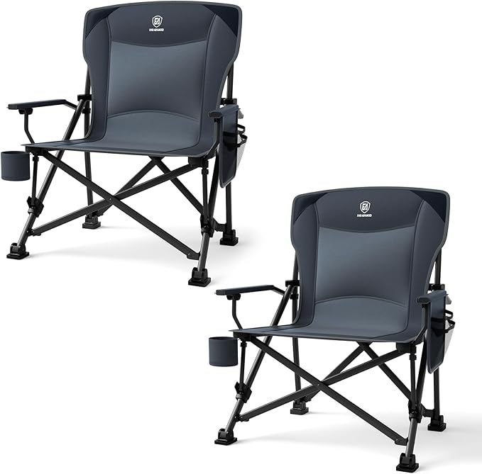 EVER ADVANCED Oversized Folding Camping Chair for Adults, Heavy Duty Lawn Chair with Side Pockets, Portable Collapsible Quad Chair for Outside, Support Up to 500lbs, Grey 2PACK