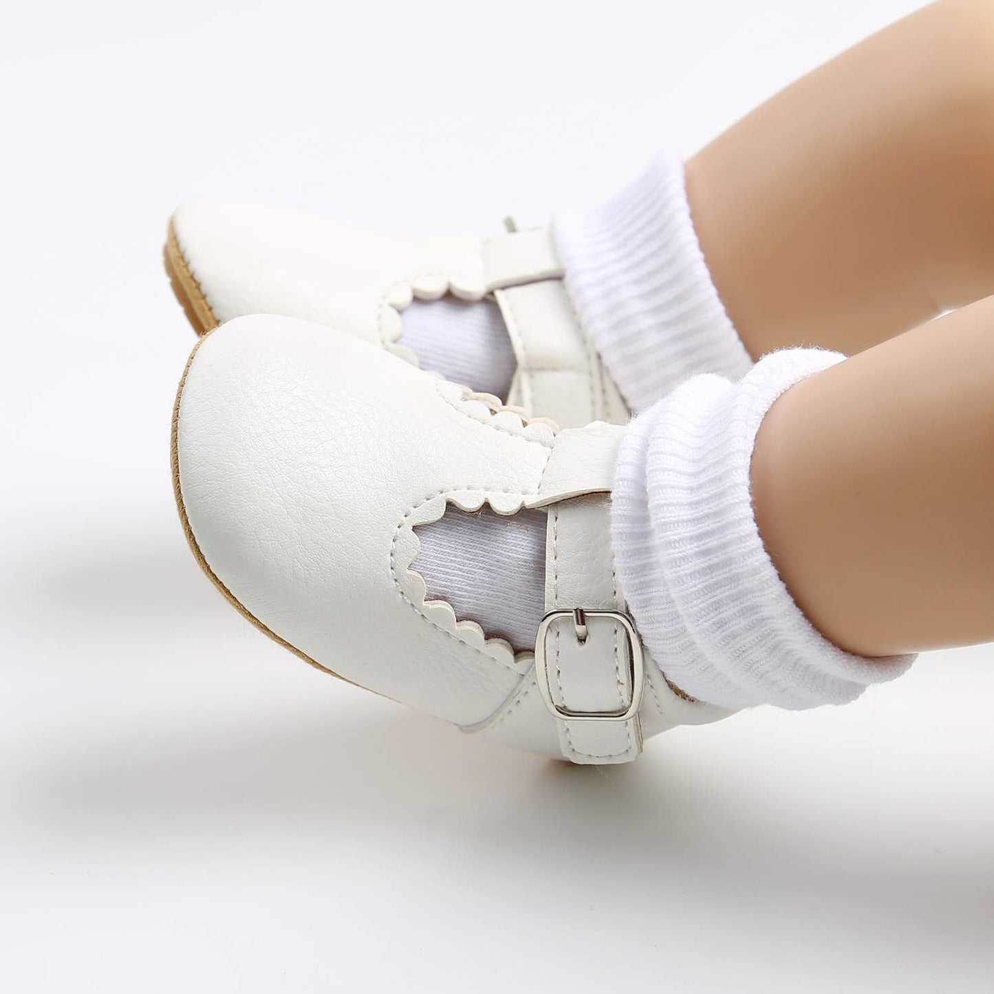 Baby Girls First Walking Shoes Mary Jane PU Leather Anti-Slip Princess Shoes Infant Baby Shoes 6-12 Months,D White