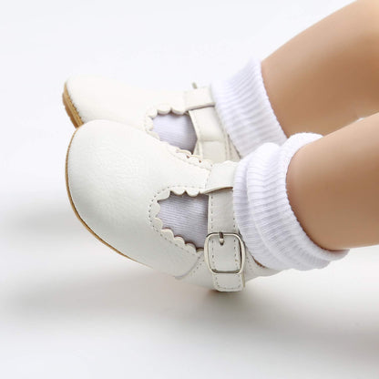 Baby Girls First Walking Shoes Mary Jane PU Leather Anti-Slip Princess Shoes Infant Baby Shoes 6-12 Months,D White