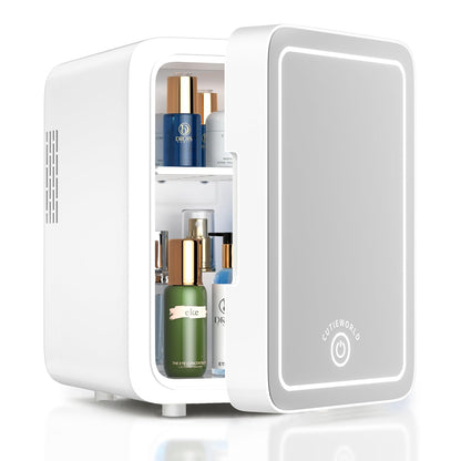 Skincare Fridge With Dimmable LED Light Mirror, 4L Mini Fridge For Desktop, Travel or Cool & Heat, Makeup Fridge for Cosmetics, Skin Care and Food, Green