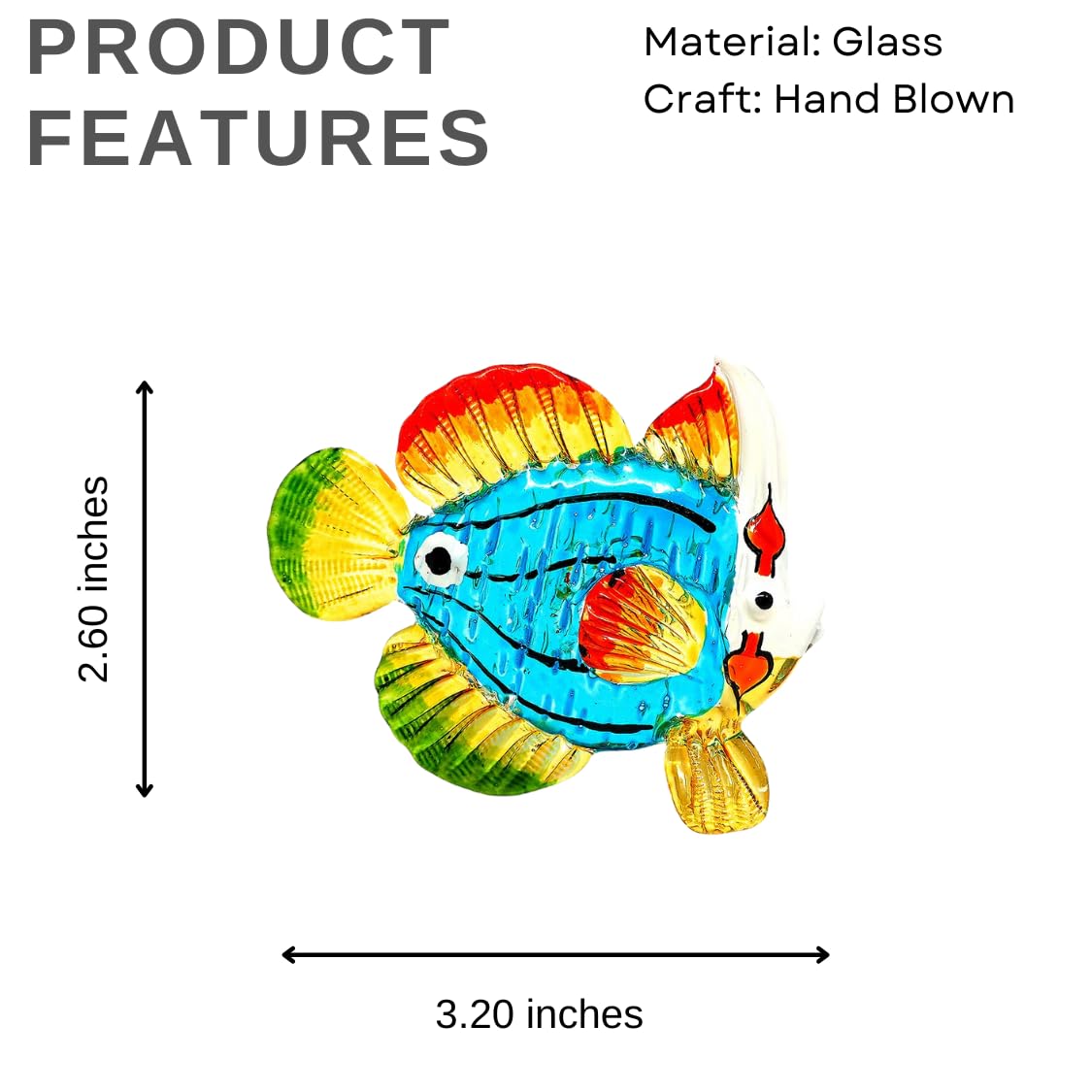ZOOCRAFT Blown Glass Fish Figurine, Hand Painted Sea Creature Gift Ornament, 2.6" Tall Blue/Green Coastal Decor