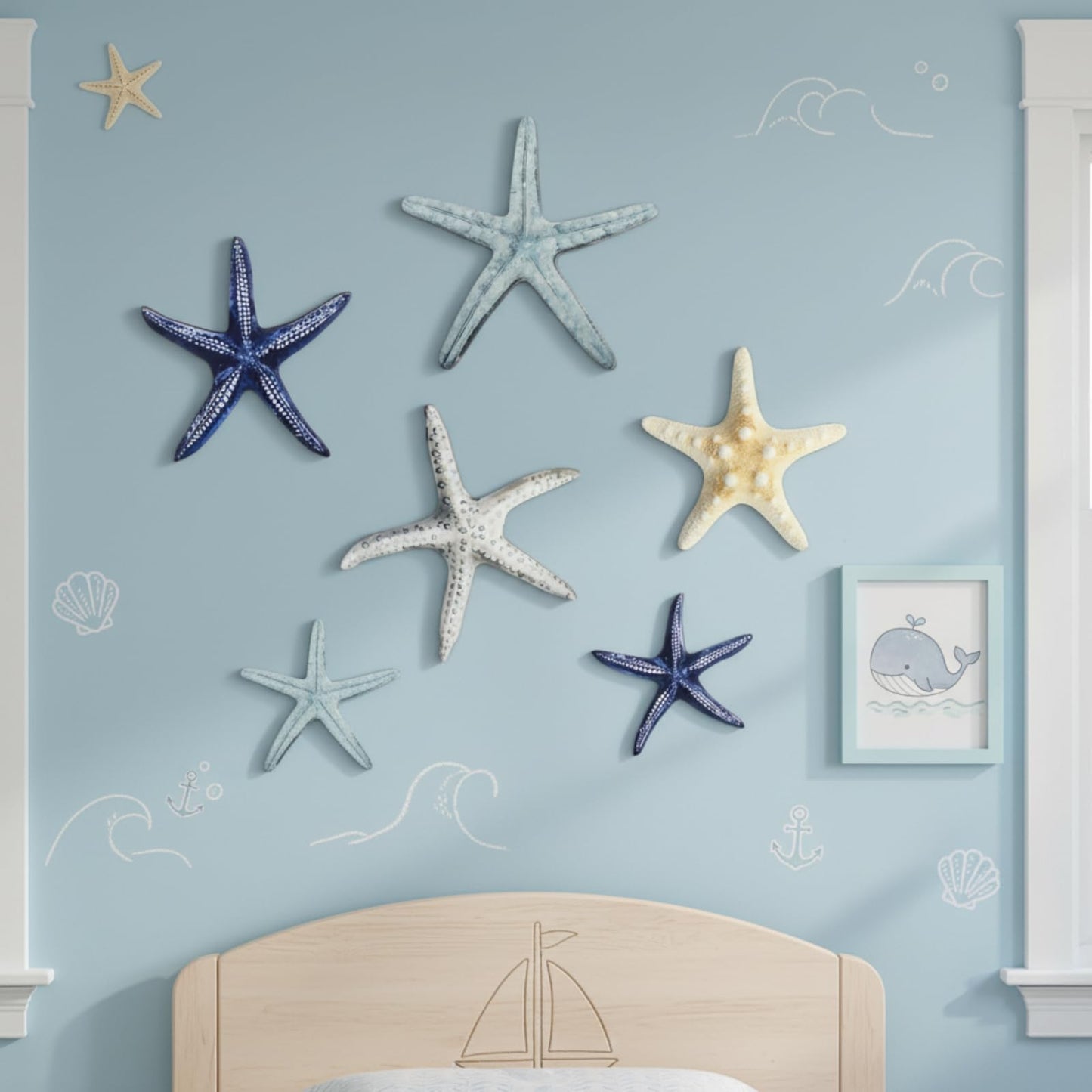 CroBlissful 6 Pcs Summer Starfish Wall Decor Beach Starfish Wooden Wall Art Beach Coastal Wooden Sign with Hook Summer Hanging Decoration for Home Farmhouse Sculpture Indoor Outdoor