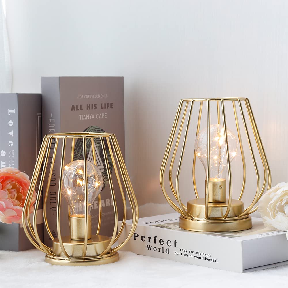 TRIROCKS Set of 2 Metal Battery Operated Lamp 7'' Tall Mini Cage Shape Cordless Table Lamp Battery Lanterns with Warm Fairy Lights Bulb for Patio Garden Wedding Parties Indoor Outdoor(Gold)