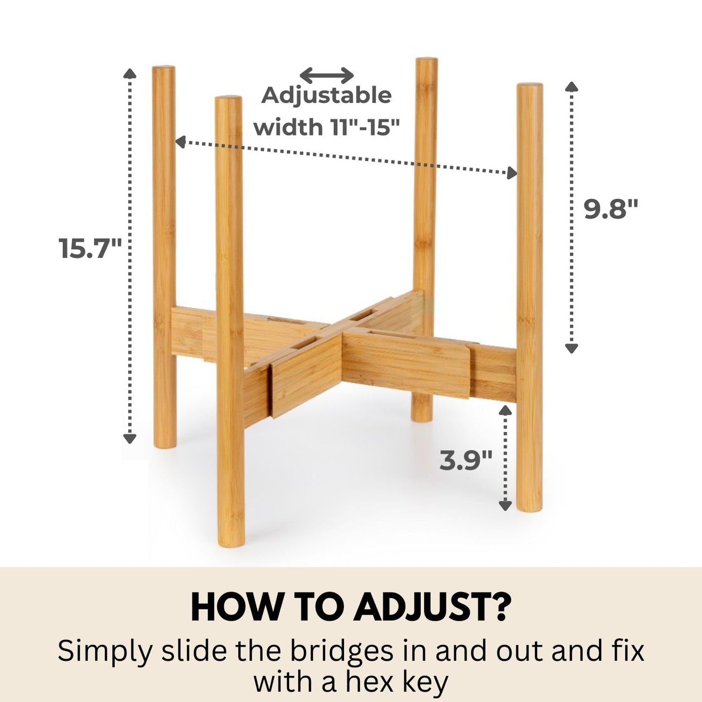 Fox & Fern Large Adjustable Plant Stand Indoor — 11 to 15 Inch Premium Mid Century Bamboo Plant Stand; Plug In Design; Easy Assembly; Two Heights - For 11, 12, 13, 14 & 15 Inch Pots (Not Included)