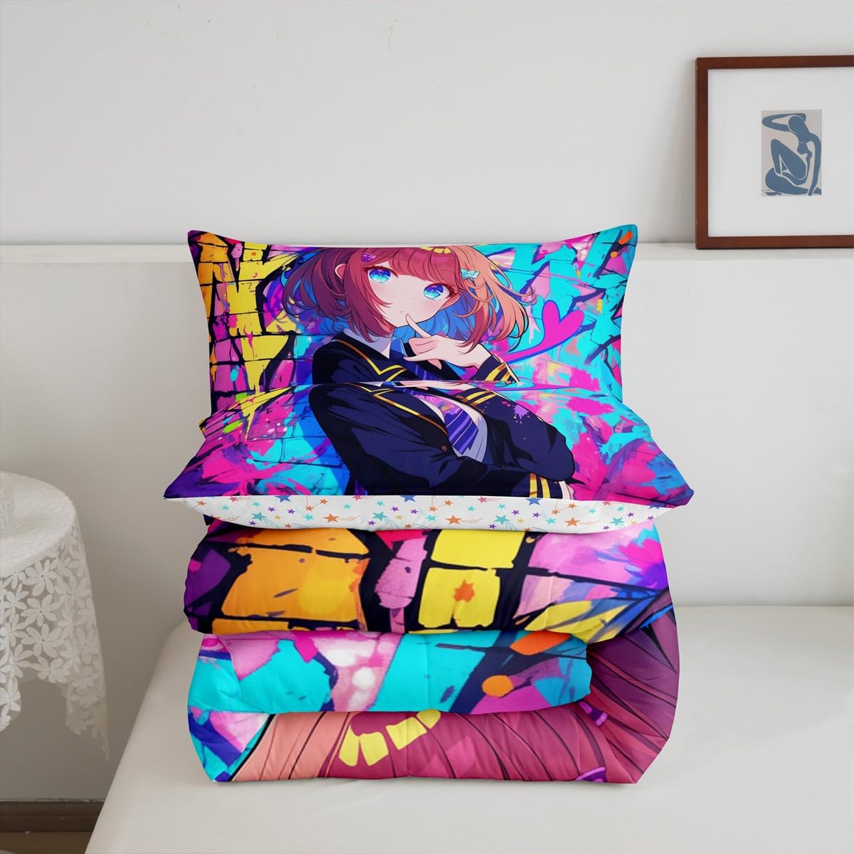 Erosebridal Girls Japanese Anime Comforter Set Twin, Kawaii Anime Girl Bedding Set Cartoon Girl Duvet Insert for Kids Teens Adult, Japanese Animation Sci Fi Style Quilt with 1 Pillow Case