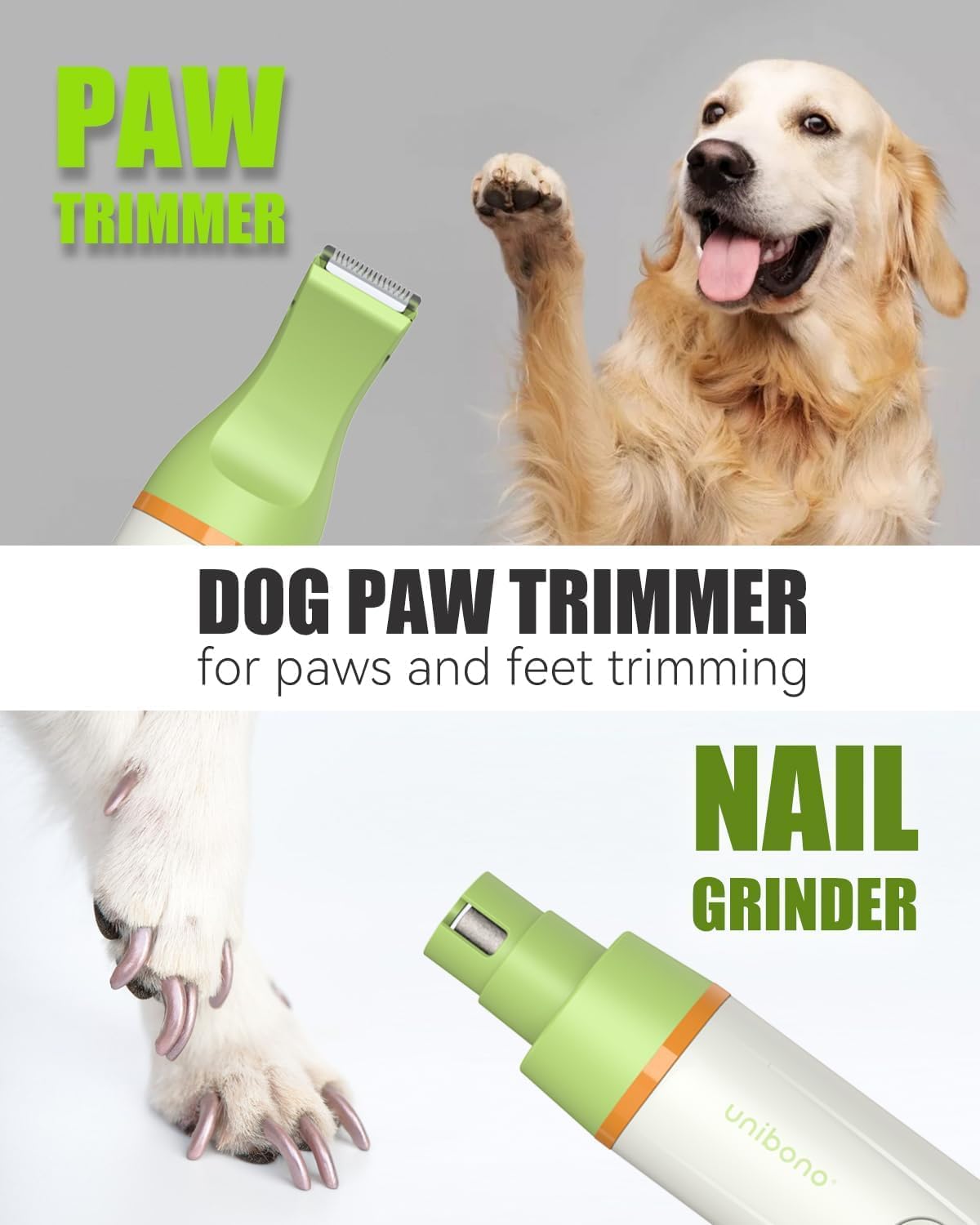Unibono Dog Grooming Clipper Kit, Quiet Cordless Pet Clipper for Dogs & Cats, Silent Dog Cat Shaver for Paws, Claws, Eyes, Ears, Face with Grooming Scissors Comb, Green
