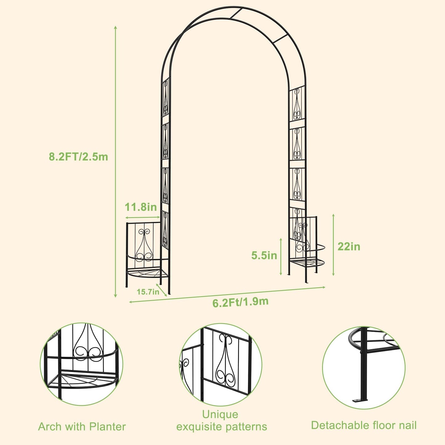 OUSHENG 8FT Metal Garden Arch Trellis with Planter Boxes for Climbing Plants Outdoor, Heavy-Duty Wedding Arch Backdrop Stand for Ceremony, Party, and Garden Decorations, Rust-Resistant Black Pergola