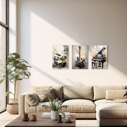 QIXIANG Music Canvas Wall Art for Music Lover Gift 3 PCS Black and Gold Guitar Piano and Drum Set Picture Prints for Music Studio Home Decor Framed (A, 11.00" x 14.00" x3Pcs)