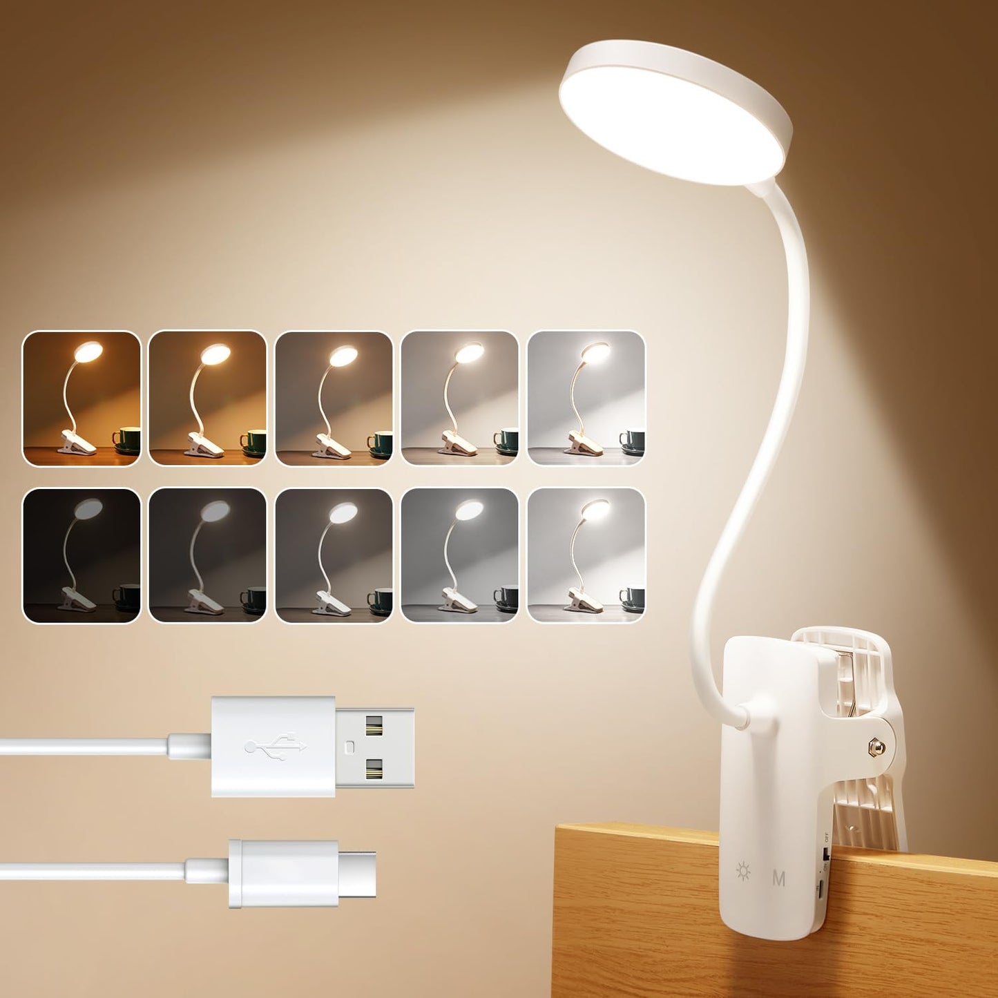 One Fire Reading Lights for Books in Bed, 3600 mAh Rechargeable Lamp, 5 Brightness/5 Colors/Memory Clip on Light, 360° Flexible Reading Lamp, 400LM+36 LED Clip On Reading Light, University Essentials