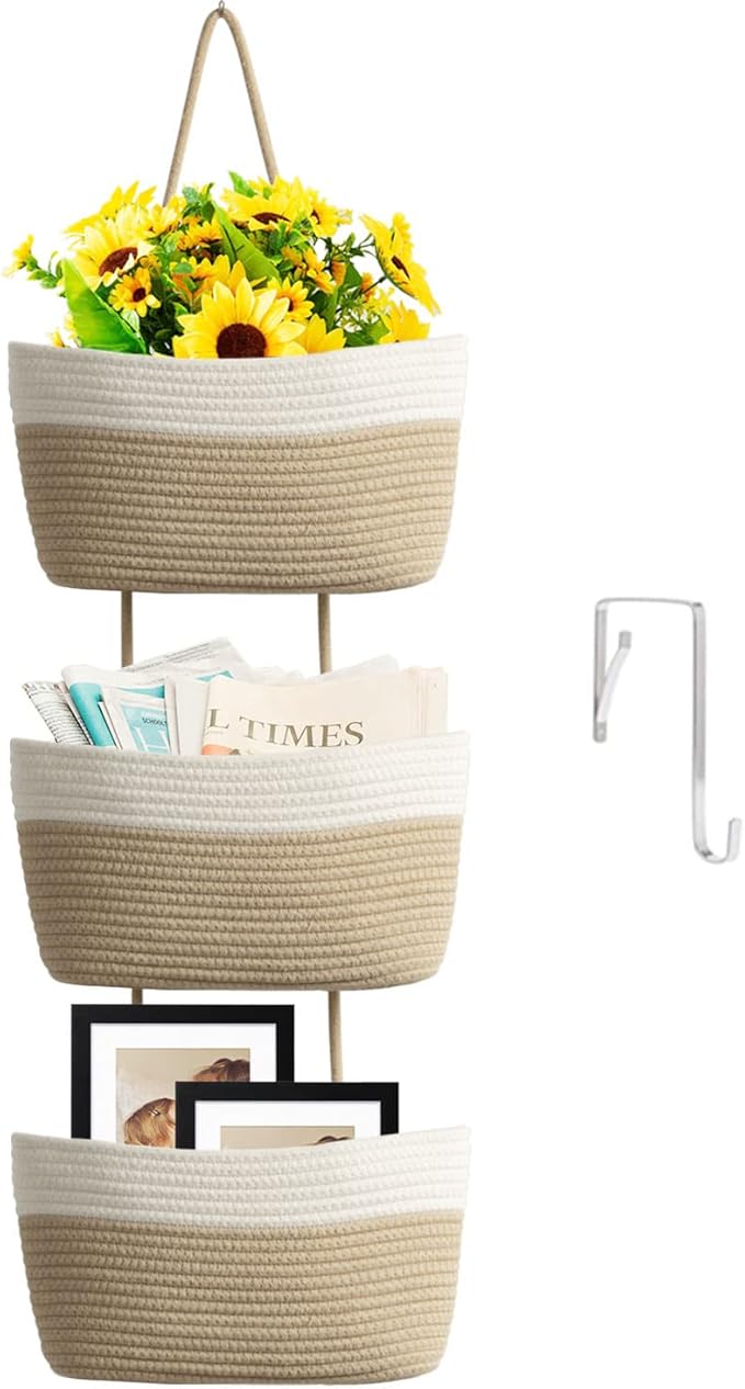 TeoKJ Over the Door Hanging Basket, 3-Tier Woven Cotton Wall-Mounted Storage